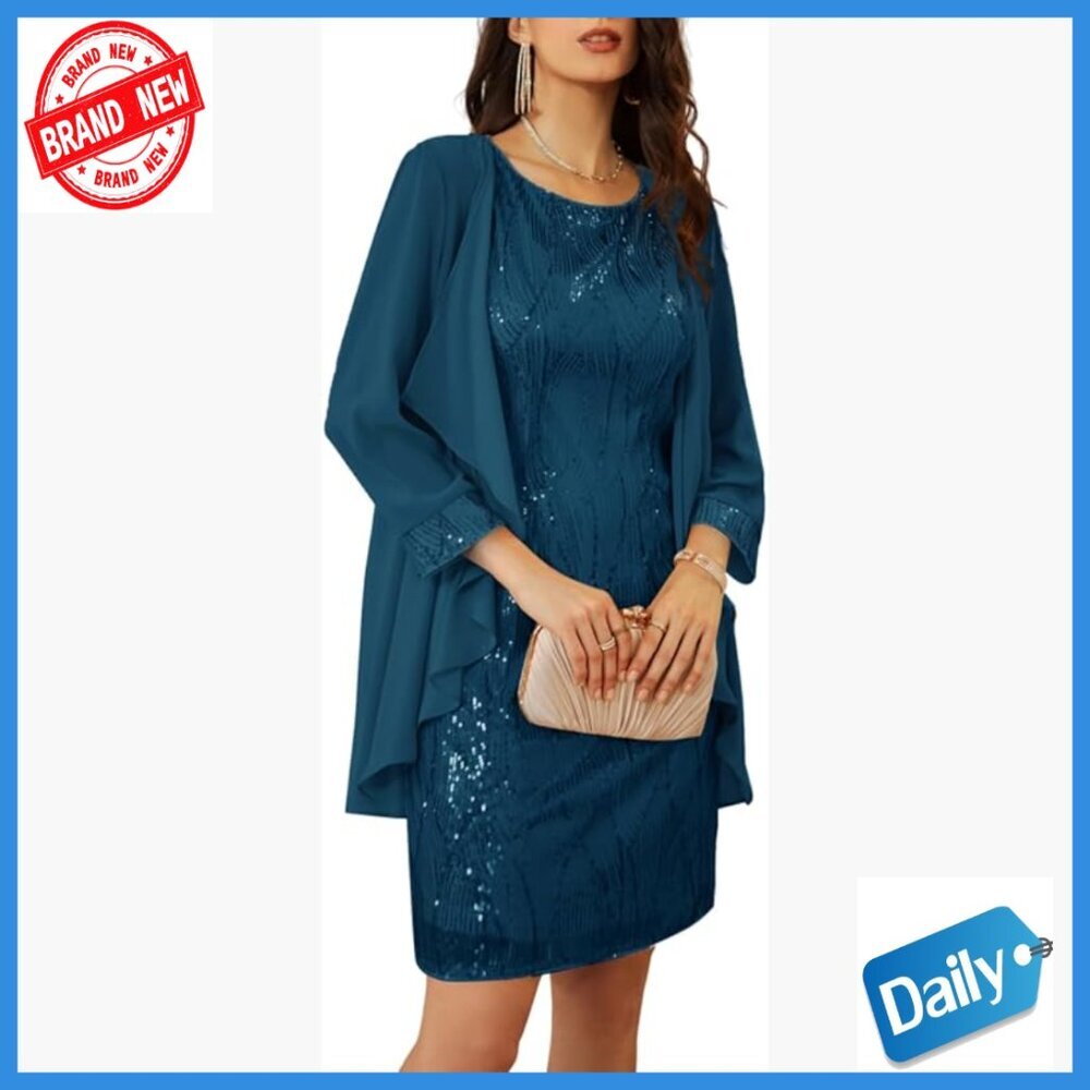 Sequin Two-Piece Dress with Jacket, Knee Length, Formal Party Wear